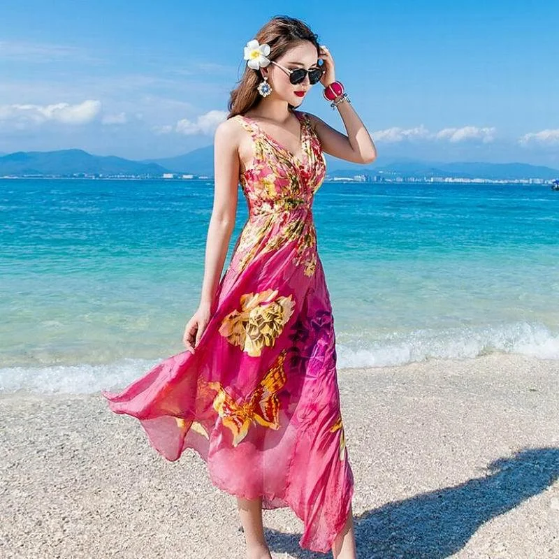 Summer High Quality Elegant Real Silk Beach Dress Tunics Chic fashionable