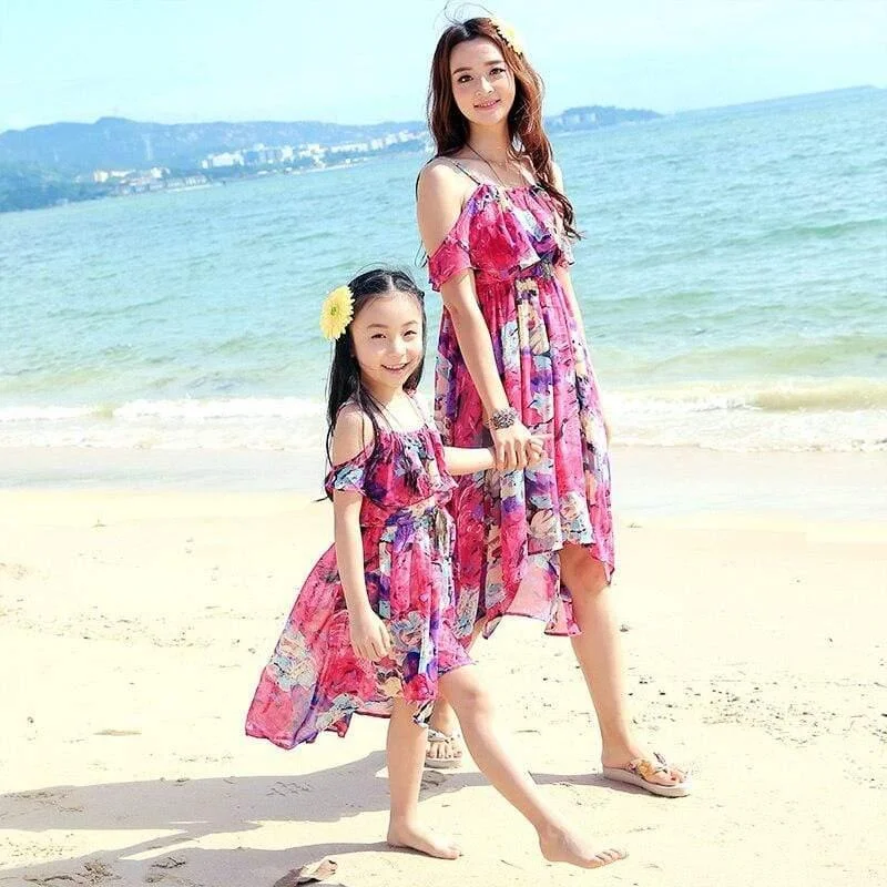 Mother-Daughter Beach Floral Dresses Maxi Flowy Bohemian