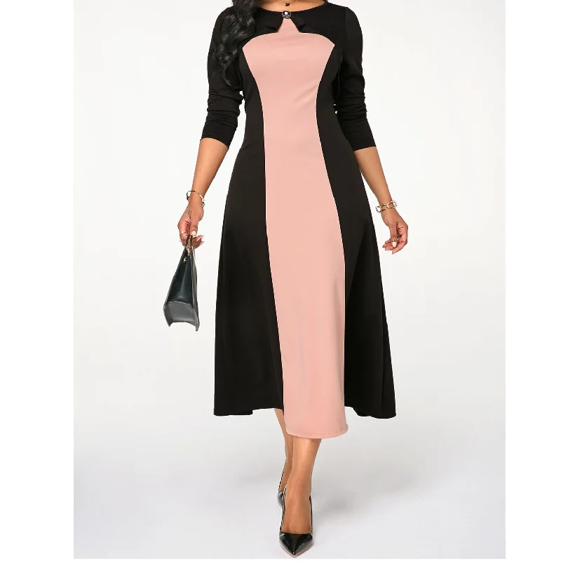 Spring And Autumn Round Neck Contrast Long-sleeved Sweet Party Dress Cowl Neckline Elegant Spring And Autumn Round Neck Contrast Long-sleeved Sweet Party Dress Cowl Neckline Elegant