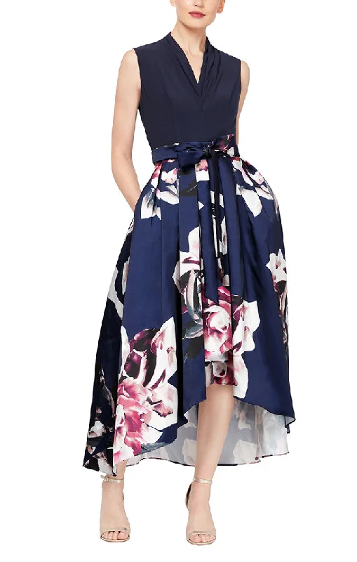 Party Dress with Floral Printed Mikado Silk Skirt & Jersey Bodice Tunics Sophisticated sleek Party Dress with Floral Printed Mikado Silk Skirt & Jersey Bodice Tunics Sophisticated sleek