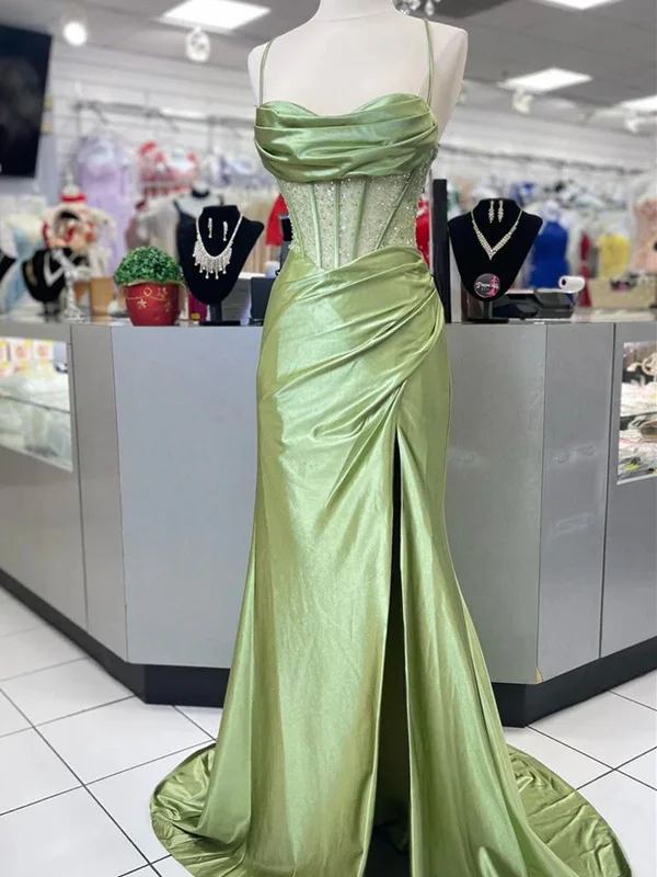 Green Satin Sweetheart Beaded Long Party Dress with Leg Slit, Green Satin Prom Dress Tunics Designer luxury