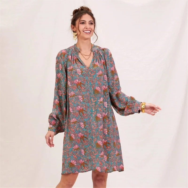 Aqua Pink Bohemian Floral Party Dress A-Line Day Work
