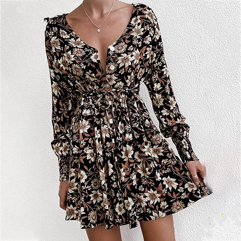 Women Floral Boho Party Dress Sexy Ladies Clothes Dresses Boat Neckline Classic