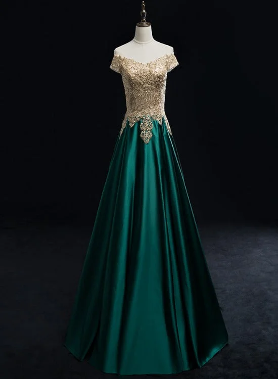 Beautiful Satin with Gold Lace Applique Long Party Dress, New Prom Dress Tunics Business professional Beautiful Satin with Gold Lace Applique Long Party Dress, New Prom Dress Tunics Business professional