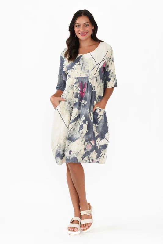 Myley Navy Splash Linen Cotton Dress Tunics Party sparkling