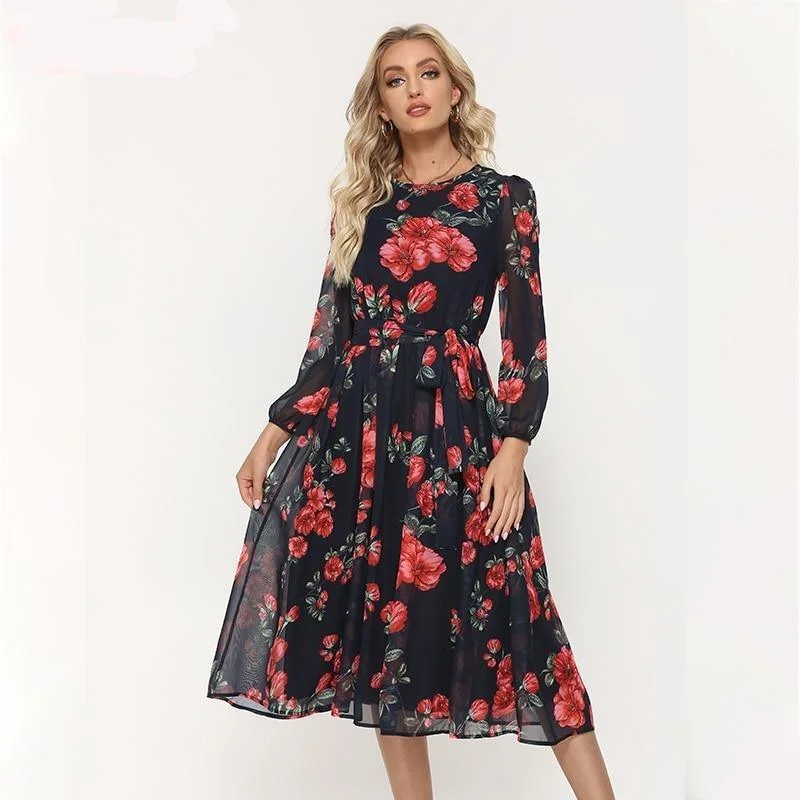 Bohemian Style Red Flower Printed Chiffon Dress Tunics Sophisticated sleek