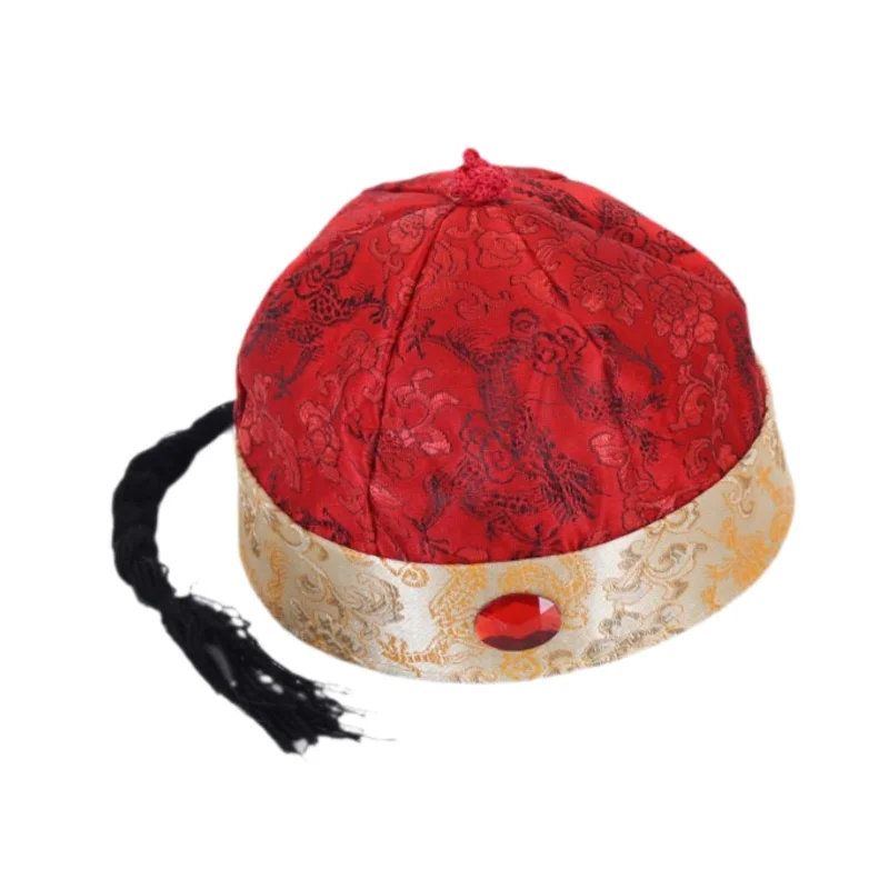 Chinese Oriental Hat Qing Party Cosplay Cap for Theme Party Dress up Cosplay Dark Red 48cm Off-the-shoulder Bohemian Festive