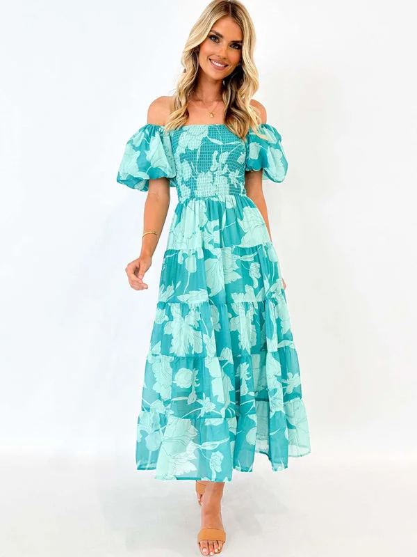 Women's One-shoulder Chiffon Puff Sleeve Layered Waist Printed Dress Maxi Flowy Bohemian Women's One-shoulder Chiffon Puff Sleeve Layered Waist Printed Dress Maxi Flowy Bohemian