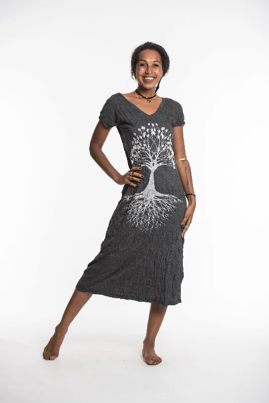 Womens Tree of Life V Neck Long Dress in Silver on Black Tunics Mesh breathable