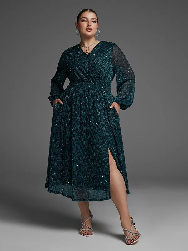 Pocket Elastic Waist Split Sequin Dress Tunics Practical durable