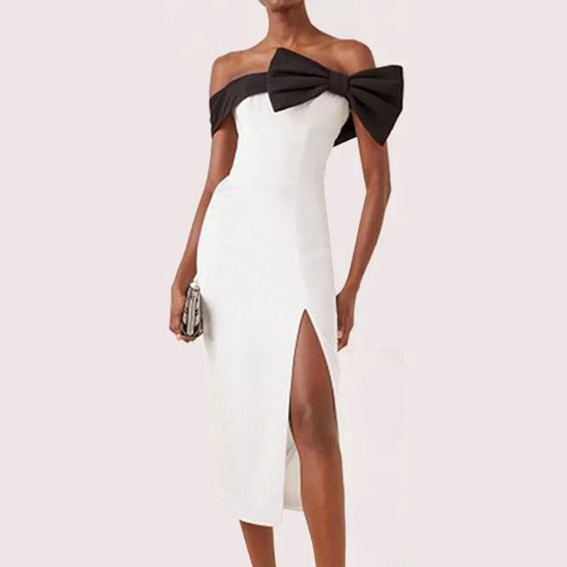 Black And White Slit Long Skirt Bow Party Dress Square Neckline Feminine