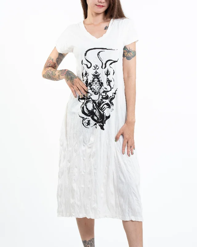 Womens Ganesh Chakra V Neck Long Dress in White Tunics Cozy comfortable