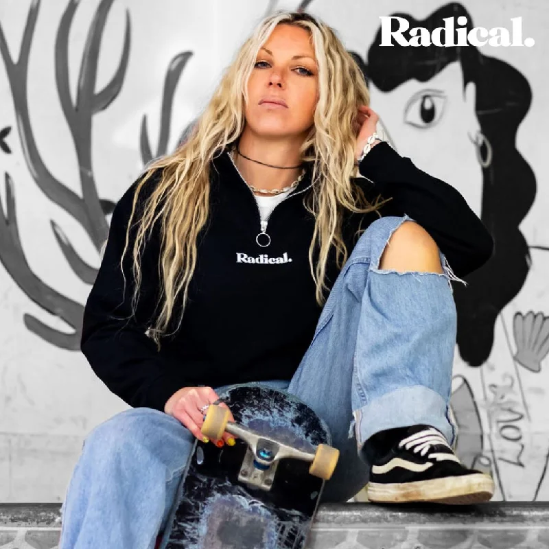 Radical. R logo 1/4 Zip Women's Cropped Sweatshirt - Black Hoodie with Embroidery Detailed Premium