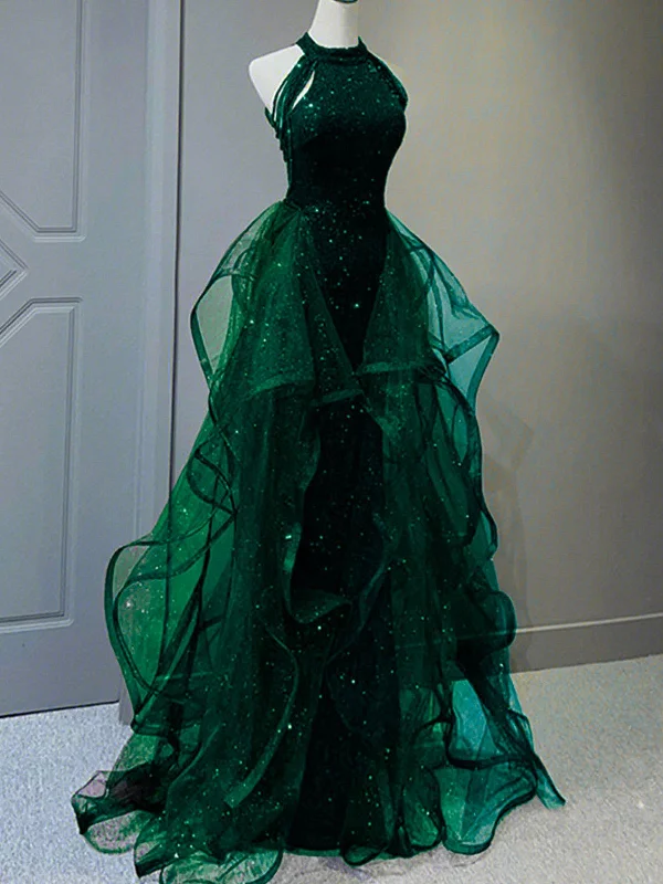 Chic Green Sequins With Tulle Long Party Dress, Green Beaded Halter Evening Dress Tunics Custom made Chic Green Sequins With Tulle Long Party Dress, Green Beaded Halter Evening Dress Tunics Custom made