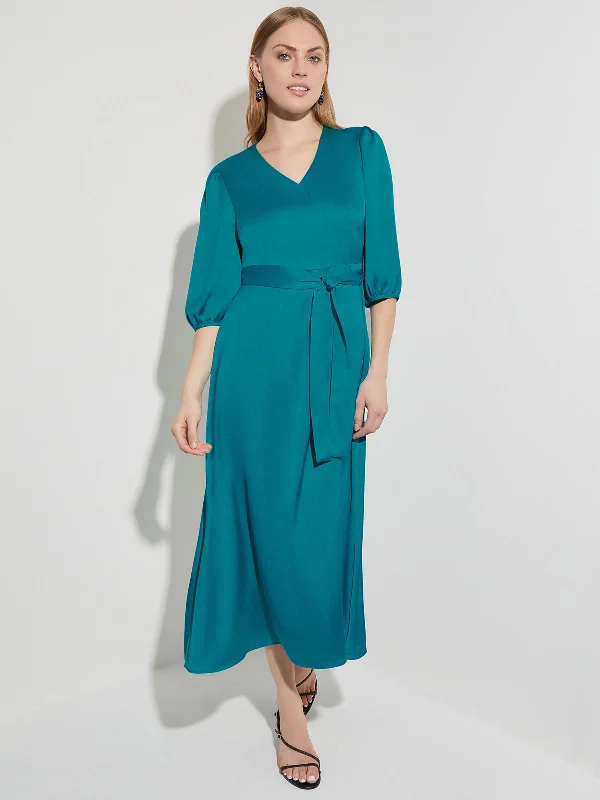 Woven Tie-Waist Balloon Sleeve Dress Tunics Fleece cozy