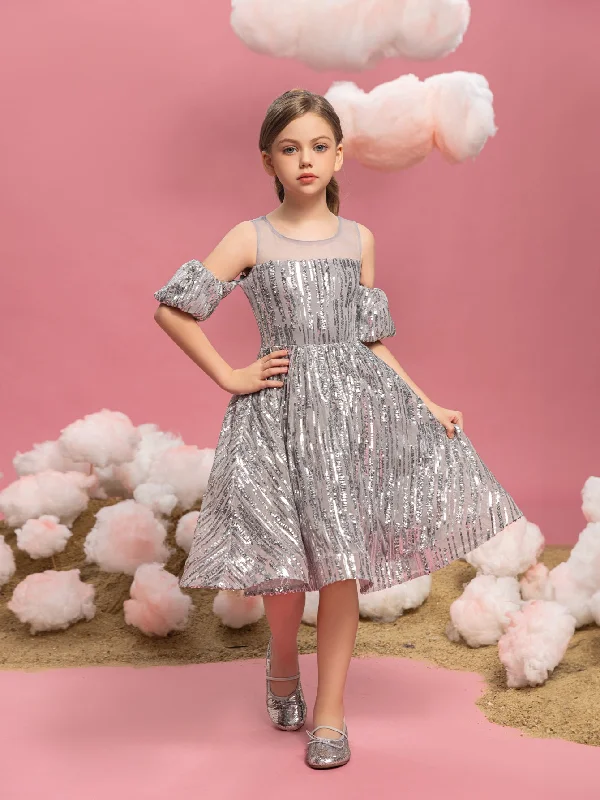 Tween Girls' Puff Sleeves Contrast Mesh Sequin Party Dress Tunics Long Elegant