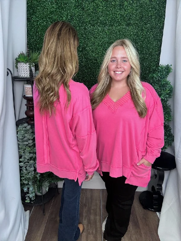 VNECK SWEATSHIRT TOP W/LONG SLEEVE - FUCHSIA Hoodie with Bell Sleeves Flared Feminine VNECK SWEATSHIRT TOP W/LONG SLEEVE - FUCHSIA Hoodie with Bell Sleeves Flared Feminine