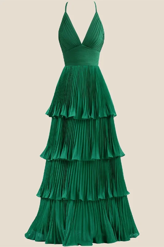 Emerald Green Pleated Empire Tiered A-line Party Dress Tunics Spring floral