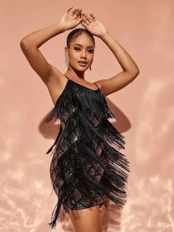 Chic Fringed Sequin Mini Party Dress Tunics Cozy soft