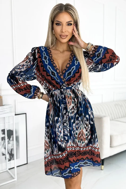 Chiffon dress with a neckline and long sleeves - Indian pattern Tunics Stylish elegant
