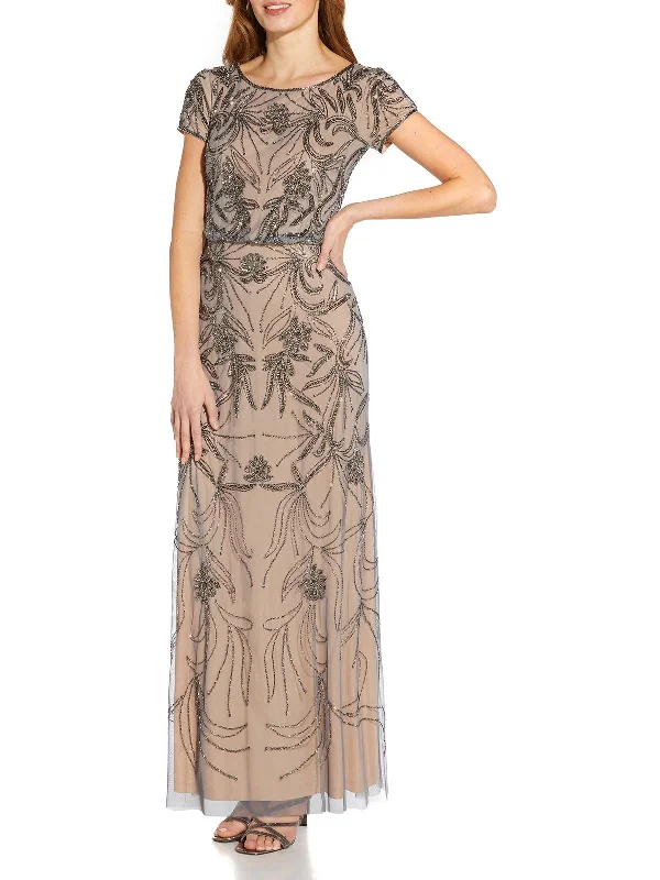 Petites Womens Embellished Maxi Evening Dress Square Neckline Feminine