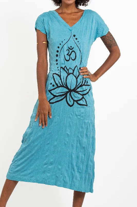 Womens Lotus Om V Neck Long Dress in Turquoise Tunics Vintage classic