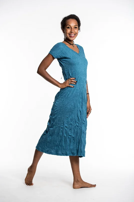 Womens Solid Color V Neck Long Dress in Denim Blue Tunics Running lightweight