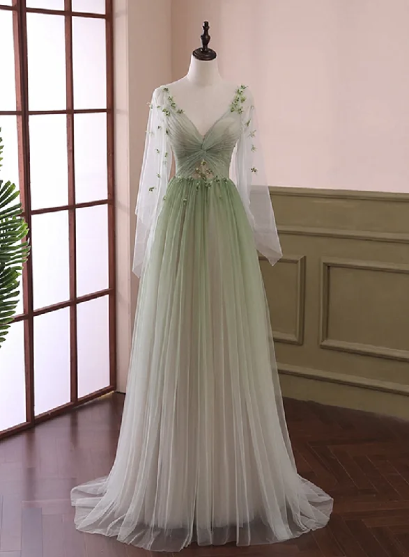 Light Green Long Sleeves Gradient Tulle Party Dress, Green Floor Length Prom Dress Tunics Long Elegant