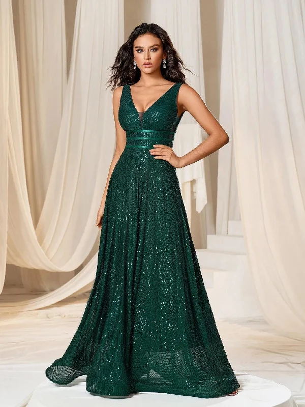 Elegant V Neck Sleeveless A Line Sequin Party Dress Tunics Leisure comfortable