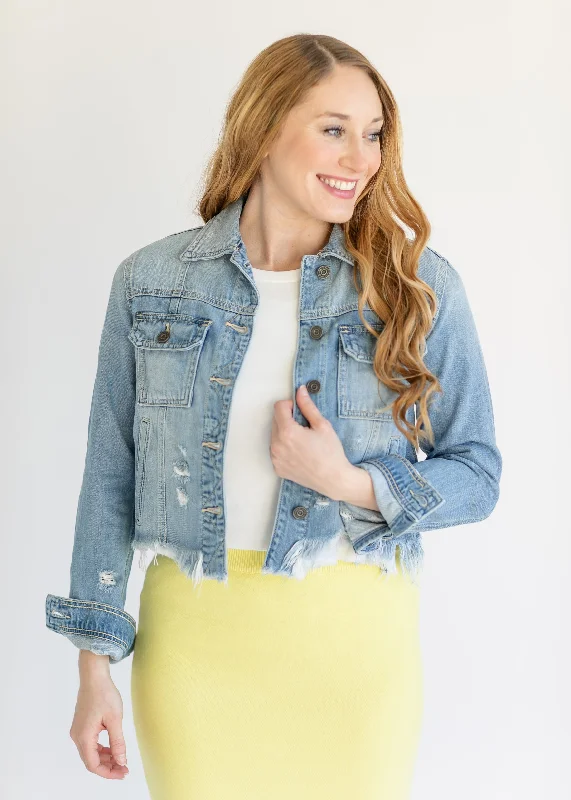 Raw Hem Distressed Light Wash Denim Jacket - FINAL SALE A-Line Jacket Boat Neck Shawl Collar