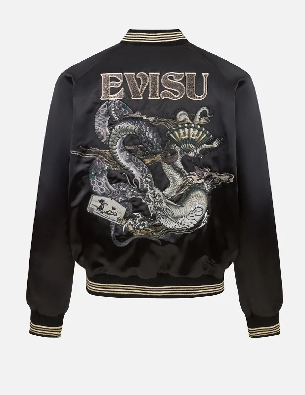 Soaring Snake Embroidery and Traditional Japanese Totem Prints Reversible Relax Fit Souvenir Jacket - Black Denim Fabric Leather Fabric Suede Fabric Soaring Snake Embroidery and Traditional Japanese Totem Prints Reversible Relax Fit Souvenir Jacket - Black Denim Fabric Leather Fabric Suede Fabric