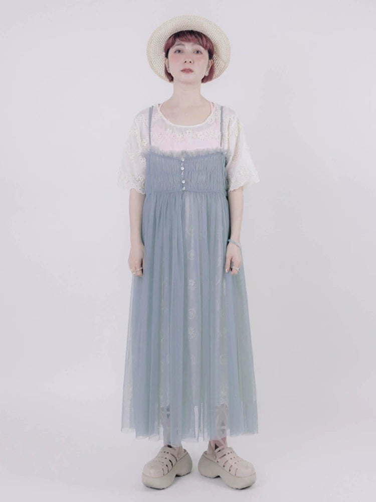 Vintage style suspender mesh skirt【s0000006891】 zip skirt side