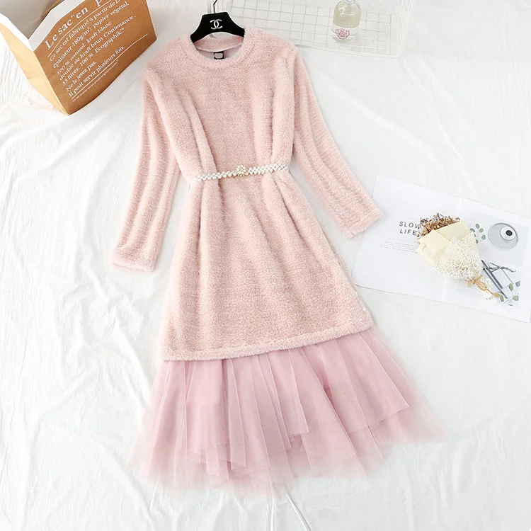 Mink sweater female + mesh skirt two piece set  3954 Stretchy Elastic Breathable