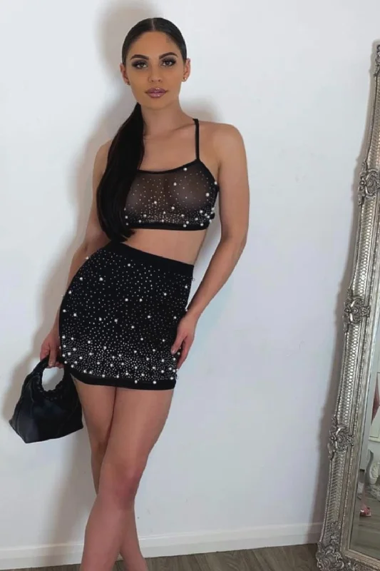 Caution Vip Black Rhinestone & Pearls Two Piece Skirt Top Co Ord Set athletic skirt fit Caution Vip Black Rhinestone & Pearls Two Piece Skirt Top Co Ord Set athletic skirt fit