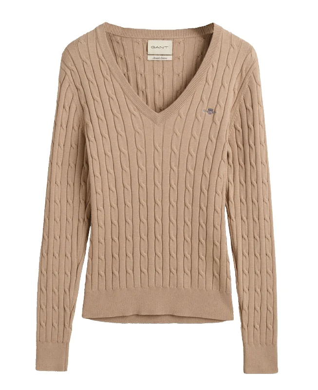 Stretch Cotton Cable V-Neck Sweater - Dry Sand Spandex Blend Rayon Blend Denim Blend
