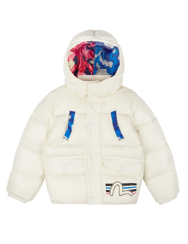 Kamon and Logo Print Down Jacket Welt Pockets Slit Pockets Flap Pockets