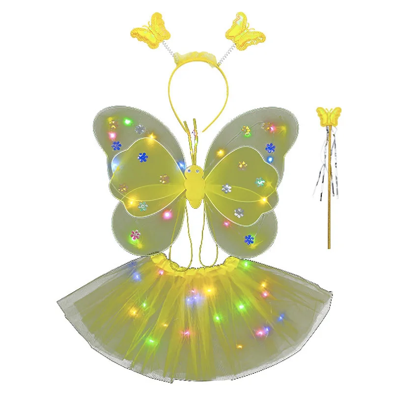 Butterfly wings, Skirt, hairband and magic wand with LED lights for Girl's Birthday One size fits (3-7 Years)-Yellow cashmere skirt rich Butterfly wings, Skirt, hairband and magic wand with LED lights for Girl's Birthday One size fits (3-7 Years)-Yellow cashmere skirt rich