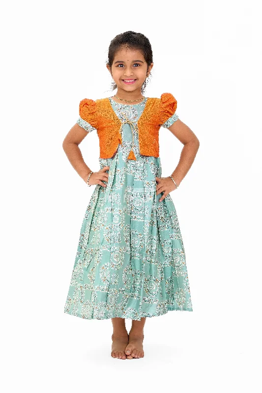 Girls Blue Wedding Anarkali Dress with Traditional Prints and Contrast Orange Short Jacket Hoodie Zip-Up Jacket Button-Up Jacket Girls Blue Wedding Anarkali Dress with Traditional Prints and Contrast Orange Short Jacket Hoodie Zip-Up Jacket Button-Up Jacket