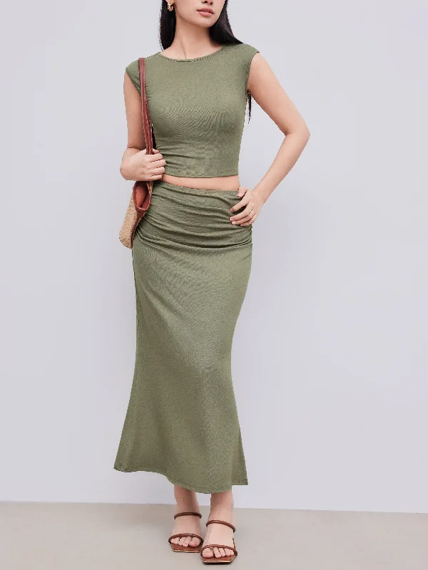 Zuri Top & Ruched Maxi Skirt Co ord set denim skirt trendy