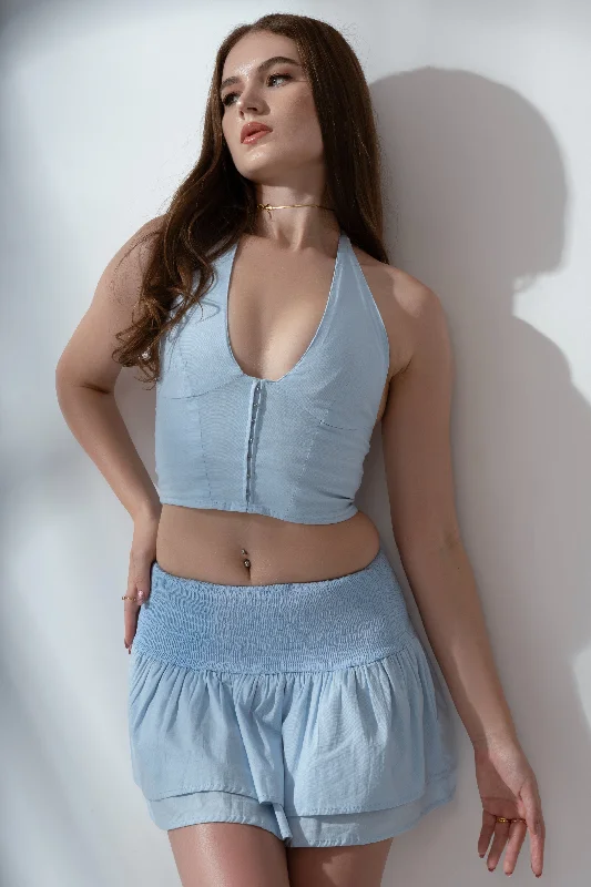 Luciana Ruffled Low-Rise Micro Mini Skirt Set in Sky silk skirt luxurious