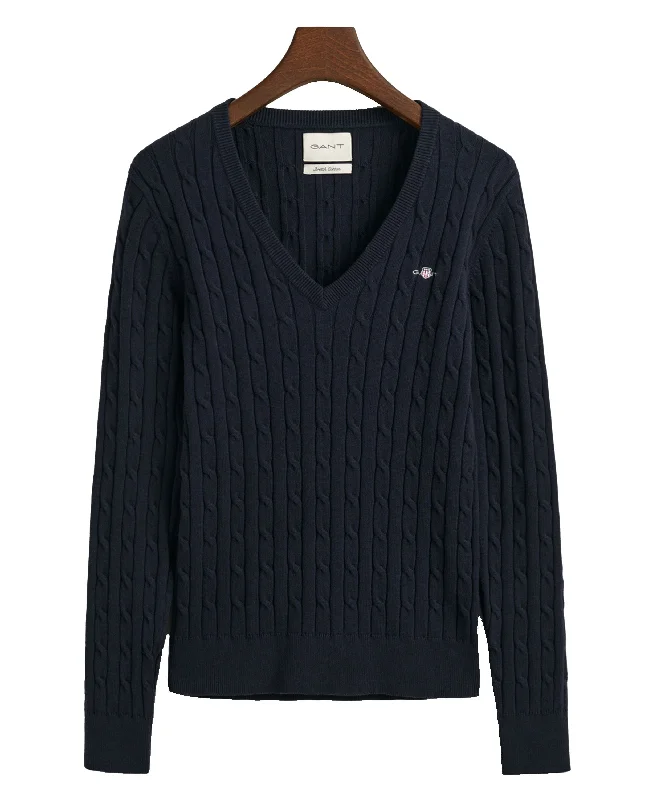 Stretch Cotton Cable V-Neck Sweater - Evening Blue High Neck Crew Neck V-Neck