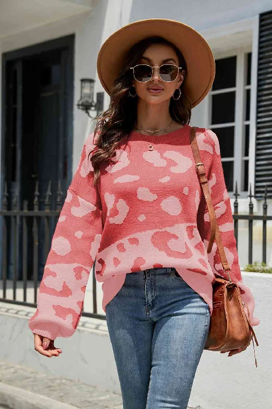 Leah Leopard Drop Shoulder Sweater Striped Floral Plaid