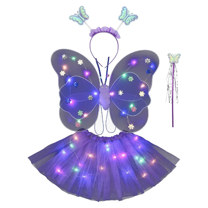 Butterfly wings, Skirt, hairband and magic wand with LED lights for Girl's Birthday One size fits (3-7 Years)-Purple velvet skirt sumptuous Butterfly wings, Skirt, hairband and magic wand with LED lights for Girl's Birthday One size fits (3-7 Years)-Purple velvet skirt sumptuous