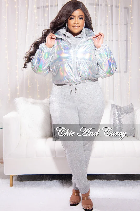 *Final Sale Plus Size Shiny Crop Puffer Jacket in Silver Iridescent Love Faux Fur Jacket Real Fur Jacket Shearling Jacket