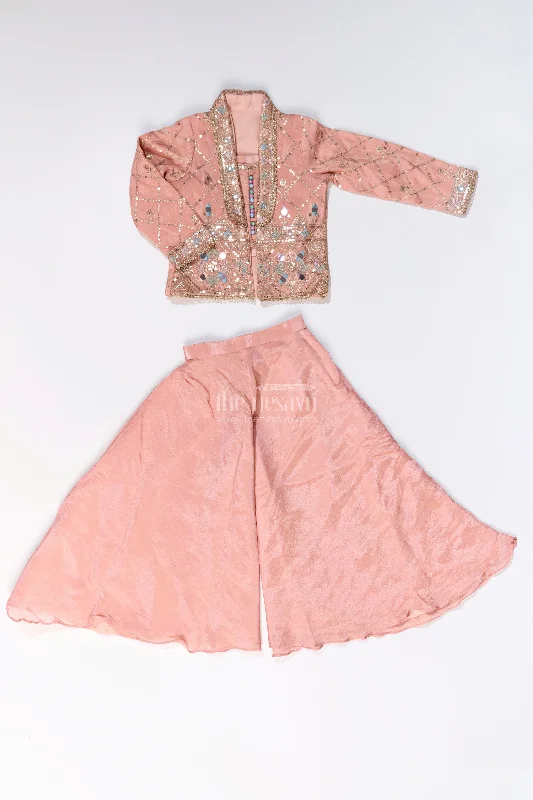 Girls Sharara Plazo Set with Embellished Jacket and Flowy Pants in Peach Faux Fur Fabric Real Fur Fabric Shearling Fabric