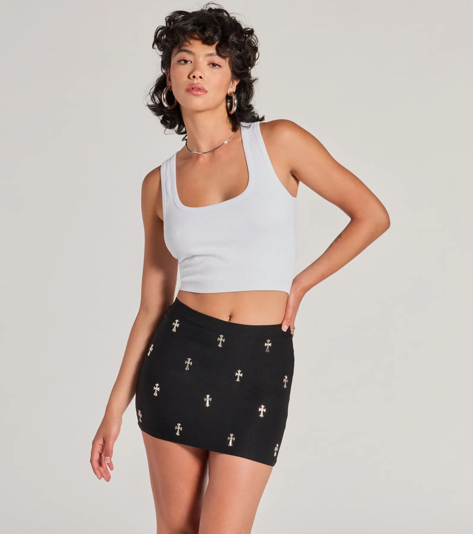 Blessed With Style High-Rise Cross Stud Mini Skirt high waist skirt