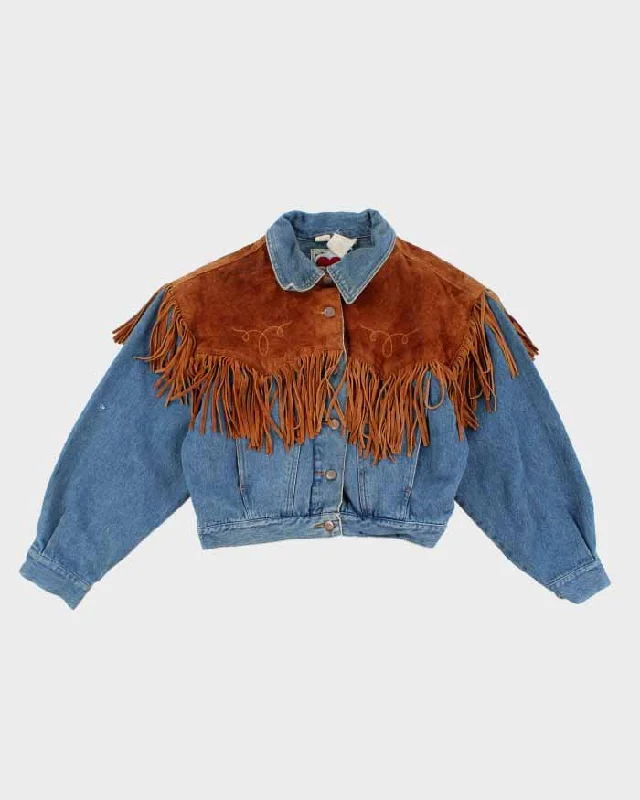 Vintage Woman's Medium Wash Suede Fridge Cropped Denim Jacket - M Striped Jacket Polka Dot Jacket Floral Jacket Vintage Woman's Medium Wash Suede Fridge Cropped Denim Jacket - M Striped Jacket Polka Dot Jacket Floral Jacket