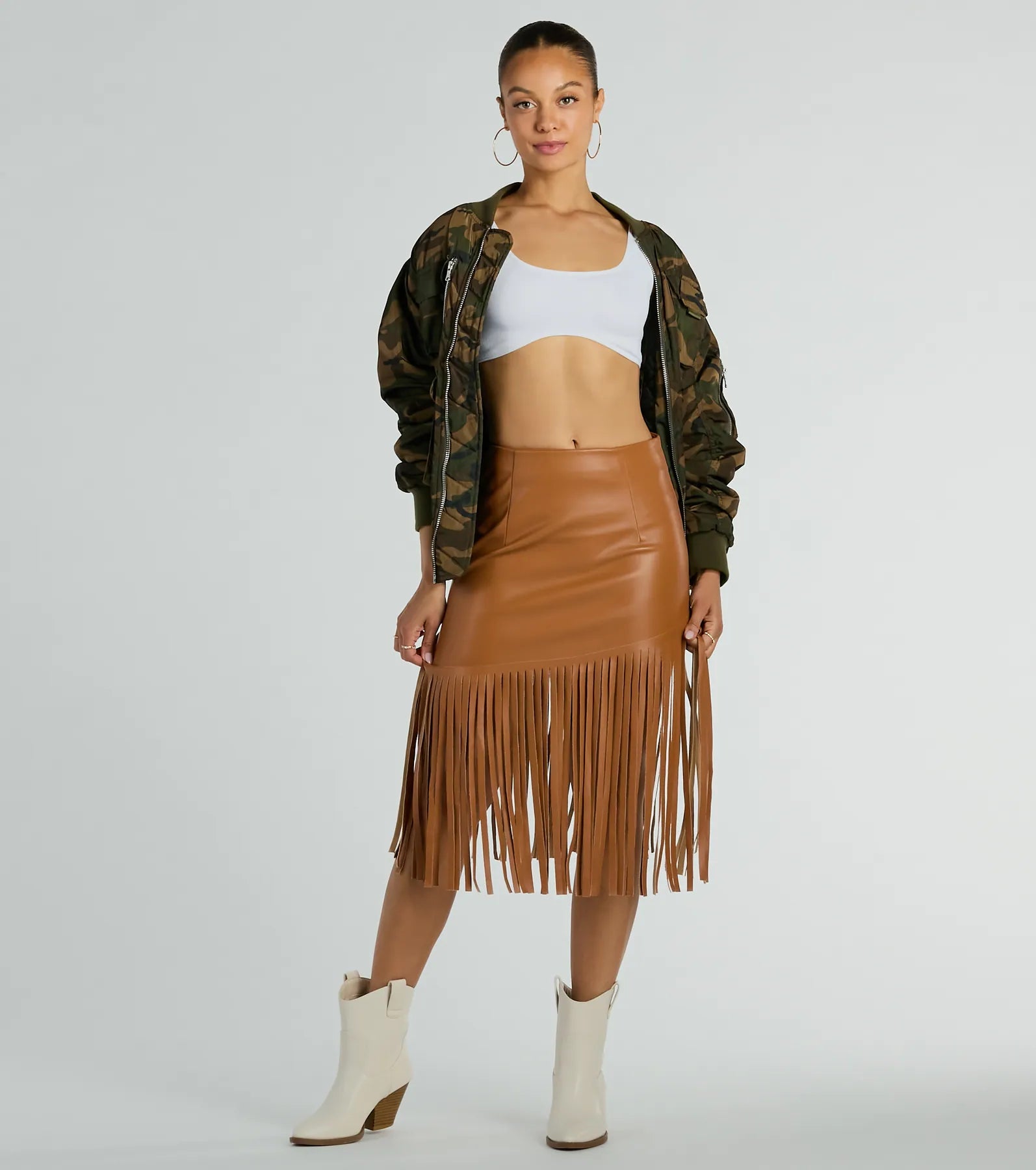 Country Songs Fringe Faux Leather Midi Skirt silk skirt elegant