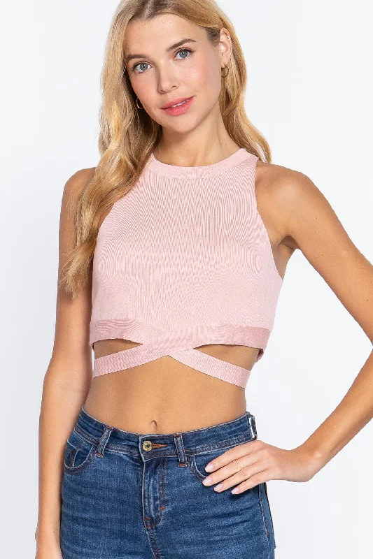 Blue Zone Planet |  Sleeveless Crew Neck Waist Tie Crop Sweater Top Faux Fur Fabric Real Fur Fabric Shearling Fabric