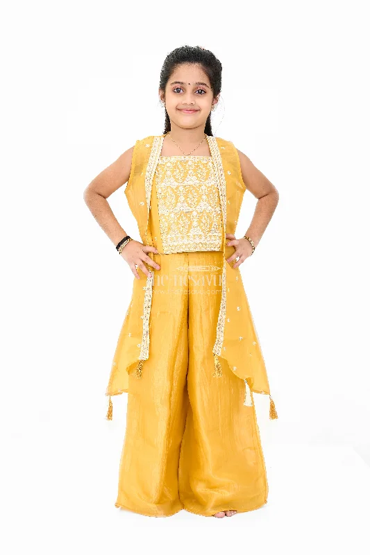 Girls Mustard Palazzo Pants with Embroidered Crop Top and Long Jacket for Festive Wear Anorak Shell Jacket Lightweight Jacket Girls Mustard Palazzo Pants with Embroidered Crop Top and Long Jacket for Festive Wear Anorak Shell Jacket Lightweight Jacket